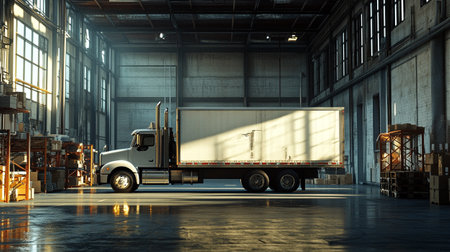 Truck in warehouse. 3d rendering. toned image.の写真素材