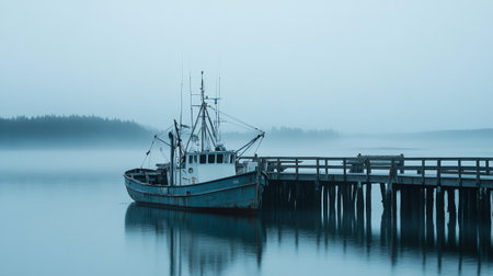 Fishing boat on the pier in the misty morning, Finlandの写真素材