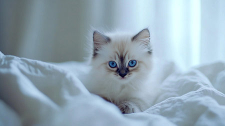 Siberian kitten with blue eyes on a white sheet in the bed.の写真素材
