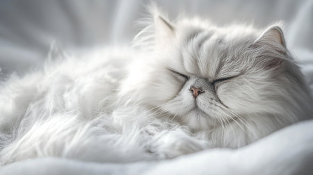 White persian cat sleeping on the white bed in the morning.の写真素材