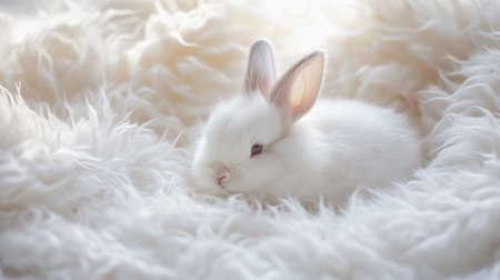 Cute little white rabbit on white fur background. Happy easter.の写真素材