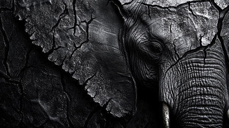 Elephant close-up on the background of cracked earth. Monochromeの写真素材