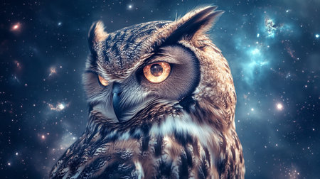 Eagle owl on the background of the cosmic space. 3d renderingの写真素材