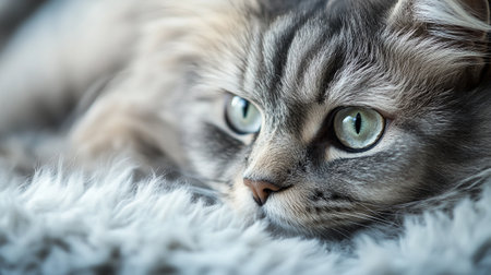 Siberian cat lying on the carpet, closeup portrait.