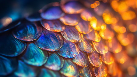 Macro close up of colorful fish skin texture. Abstract background.の写真素材