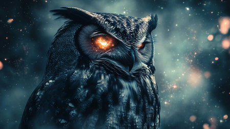Owl with burning eyes in the night sky. 3d illustrationの写真素材