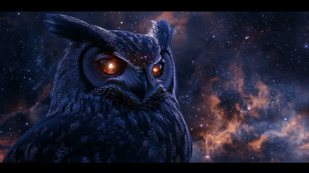 Owl in the night sky. 3D rendering. Space background.の写真素材