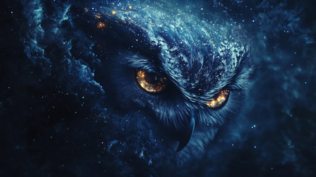 Owl in space with stars and nebulae. 3D renderingの写真素材