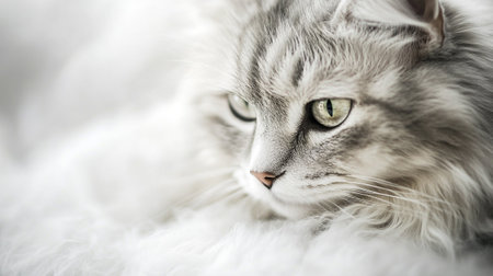 Portrait of beautiful siberian cat on white fur, closeupの写真素材