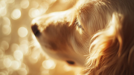 Portrait of a dog on a background of yellow bokehの写真素材