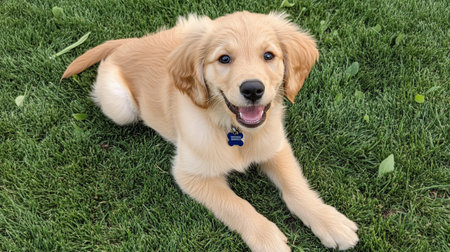 Cute Golden Retriever puppy sitting on the green grass.