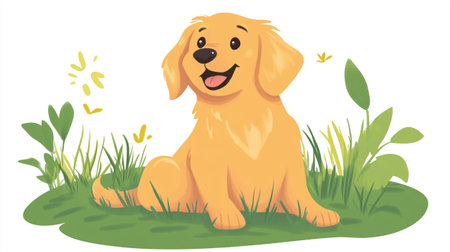 Illustration of a Cute Golden Retriever in the Grassの写真素材