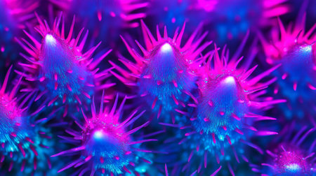 3D illustration of a virus or bacteria with purple and blue colorの写真素材
