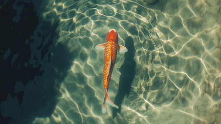 Koi fish swimming in the clear water of the sea, top viewの写真素材