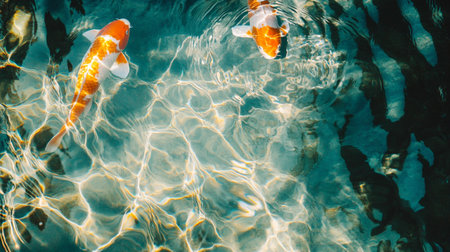 Koi fish swimming in the sea. Top view. Copy space.の写真素材