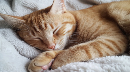 Cute ginger cat sleeping on soft blanket, closeup. Lovely petの写真素材