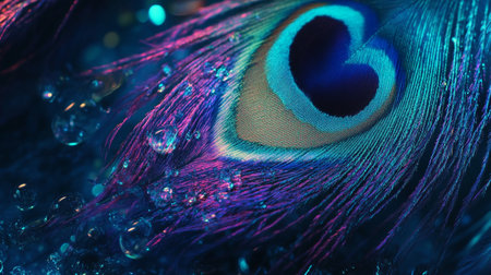 Close up of peacock feather with water drops. Abstract background.の写真素材