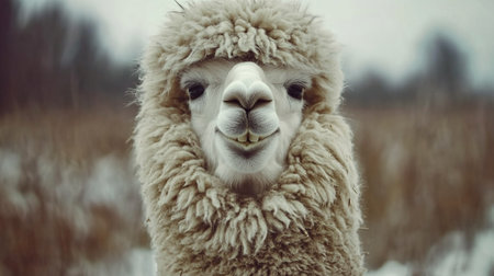 Cute alpaca in winter. Alpaca portrait.の写真素材