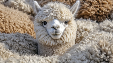 Close up of a cute alpaca in a field of sheepの写真素材