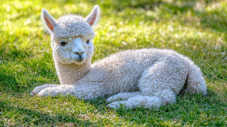 Cute alpaca baby lying on green grass in sunny dayの写真素材