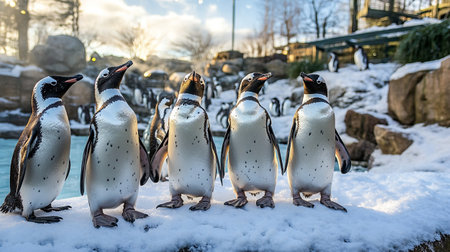 Group of penguins standing on the snow in the park in winterの写真素材