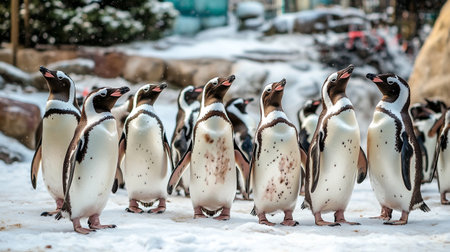 Group of penguins standing on the snow in the zoo, winterの写真素材