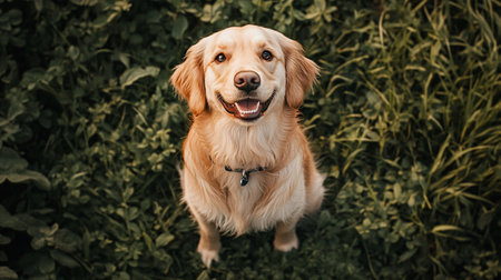 Portrait of a happy dog in the park. Golden Retrieverの写真素材