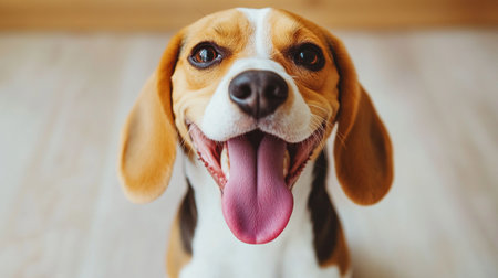 Portrait of cute beagle dog with tongue out at home.の写真素材