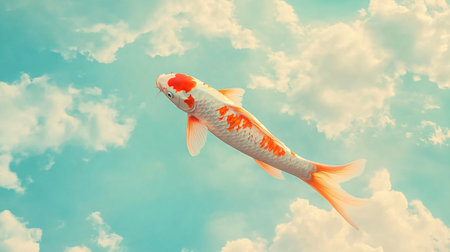 Koi fish on blue sky background with clouds - vintage filter effectの写真素材