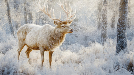 Fallow deer in winter forest with hoarfrost and snow.の写真素材