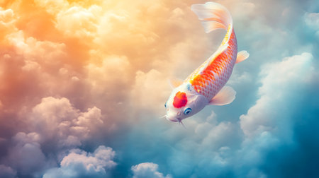 Koi fish swimming in the sky with clouds background. 3d renderingの写真素材