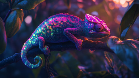 Colorful chameleon on a branch in the forest. Close up.の写真素材