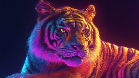 Portrait of a tiger in neon light on a dark background.の写真素材