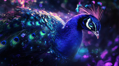 Beautiful peacock with feathers in the night,3d rendering
