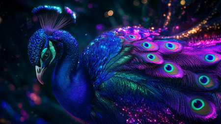 Peacock with beautiful feathers in the night. 3d renderingの写真素材