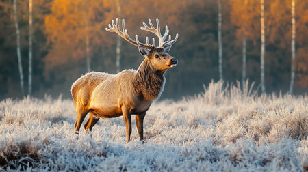 Male Red Deer (Cervus elaphus) in winter landscape.の写真素材