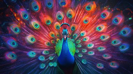 Beautiful peacock with colorful feathers, close-up, tonedの写真素材