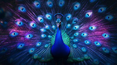 Beautiful peacock with feathers out in the night, close upの写真素材