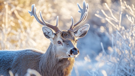 Mule deer with antlers on a frosty winter morning.の写真素材