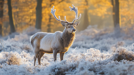 Fallow deer in winter on frosty sunrise. Wildlife scene from nature.の写真素材
