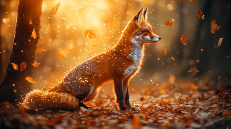 Red fox in the autumn forest with falling leaves. Wildlife scene from nature.