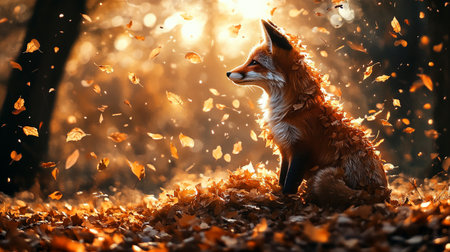 Red fox sitting in the autumn forest with fallen leaves on the ground