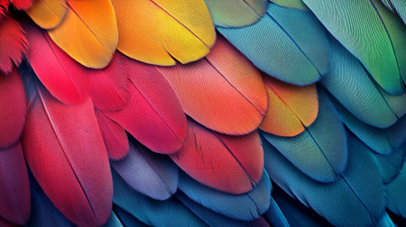 Beautiful multicolored feathers of a macaw as a backgroundの写真素材