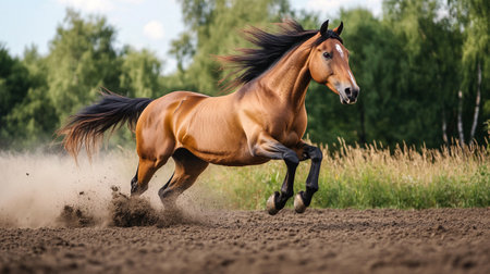 Beautiful bay horse galloping in the field on a sunny day