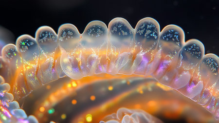 Close-up of the tentacle of a marine organism with bioluminescent properties, showcasing intricate...