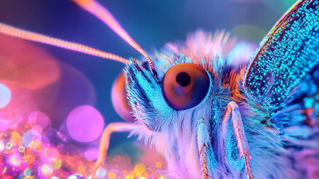 Macro shot of the eye of a butterfly on a colorful backgroundの写真素材
