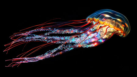 Jellyfish in the dark with colorful light on black background.の写真素材