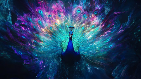 3d illustration of beautiful female peacock with feathers in space.