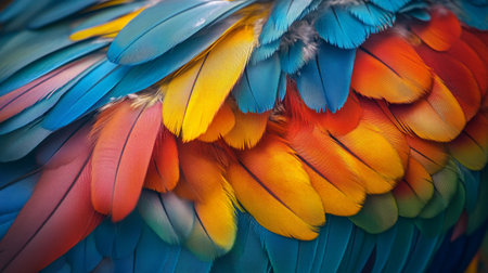 Colorful feathers of a macaw as a background. Close-up