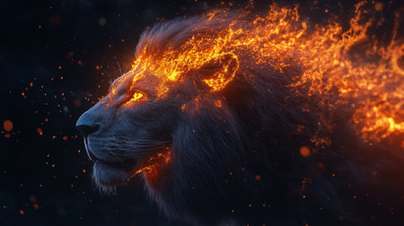 Lion head in fire and smoke. 3d render illustration.の写真素材